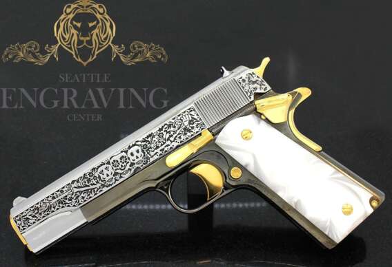 1911 COLT Government 45ACP :: "DAY of the DEAD" Design, 24K Gold Plated, Black Nickle, and High Polished Stainless Steel