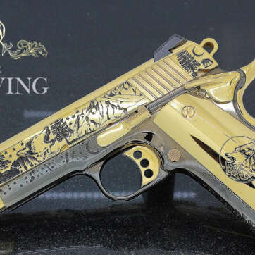 1911 COLT Competition 45ACP, Wolf & Mountain Design 24K Gold & Black Chrome with Gold Plated Magazine