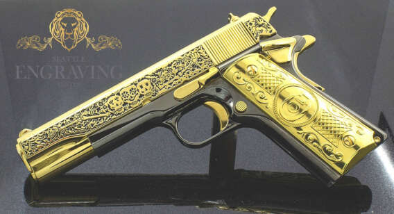 1911 COLT Government 45ACP - Day of the Dead Design - 24K Gold Plated & Black Chrome