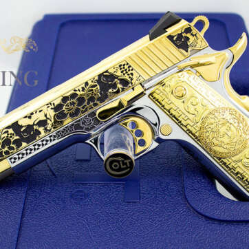 COLT 1911, 45ACP Competition, Skulls & Flowers Design with 24K Gold Plated Slide & Accents