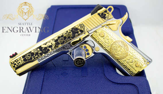 COLT 1911, 45ACP Competition, Skulls & Flowers Design with 24K Gold Plated Slide & Accents