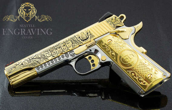 1911 COLT 38 Super, Enhanced Competition Series 80, "Mexican Heritage" Design, High Polish Stainless Steel and 24K Gold