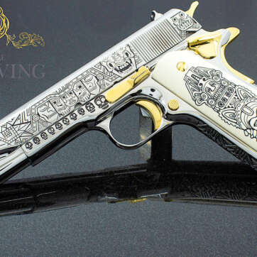 COLT 1911 Government 38 Super, Mexican Heritage Hi Polish Stainless Steel with 24K Gold