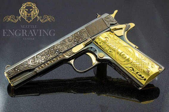 1911 Colt Government 45ACP, VINES & BERRIES Design With Diamonds, 24K Yellow Gold Accents