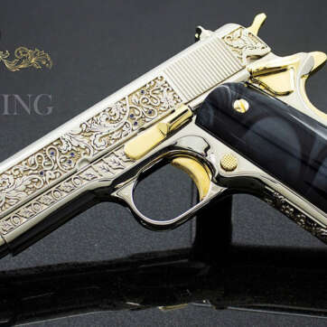 1911 COLT 38 Government, "Vine & Berries" Design, High Polish Stainless Steel with Sapphire inlay and 24K Gold