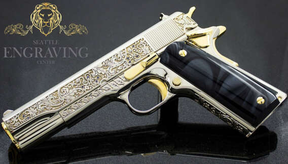 1911 COLT 38 Government, "Vine & Berries" Design, High Polish Stainless Steel with Sapphire inlay and 24K Gold