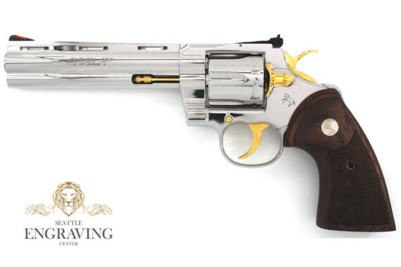 Custom COLT Python 6", 357 Magnum, High Polished Stainless Steel & 24K Gold and Wood Grips