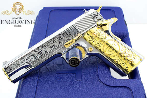 COLT 1911, 38 Super Government, Anaconda Bullet Head Design, High Polish Stainless Steel with 24K Yellow Gold Accents